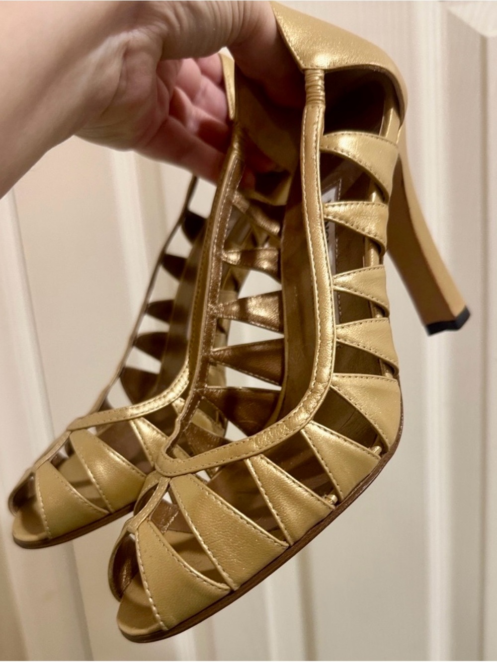 Manolo Blahnik Metallic Gold Cutout Peep-Toe Pumps/Size US 7/3.5” Heels/NWOT!!!!